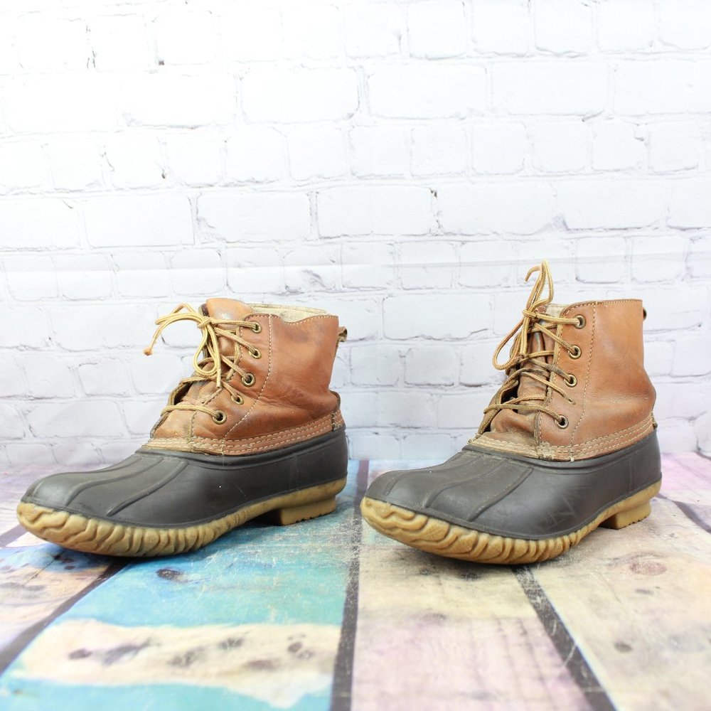 Vintage LL Bean Unlined Brown Leather Lace Up Leather Duck Boots Size 7 - Picture 2 of 9